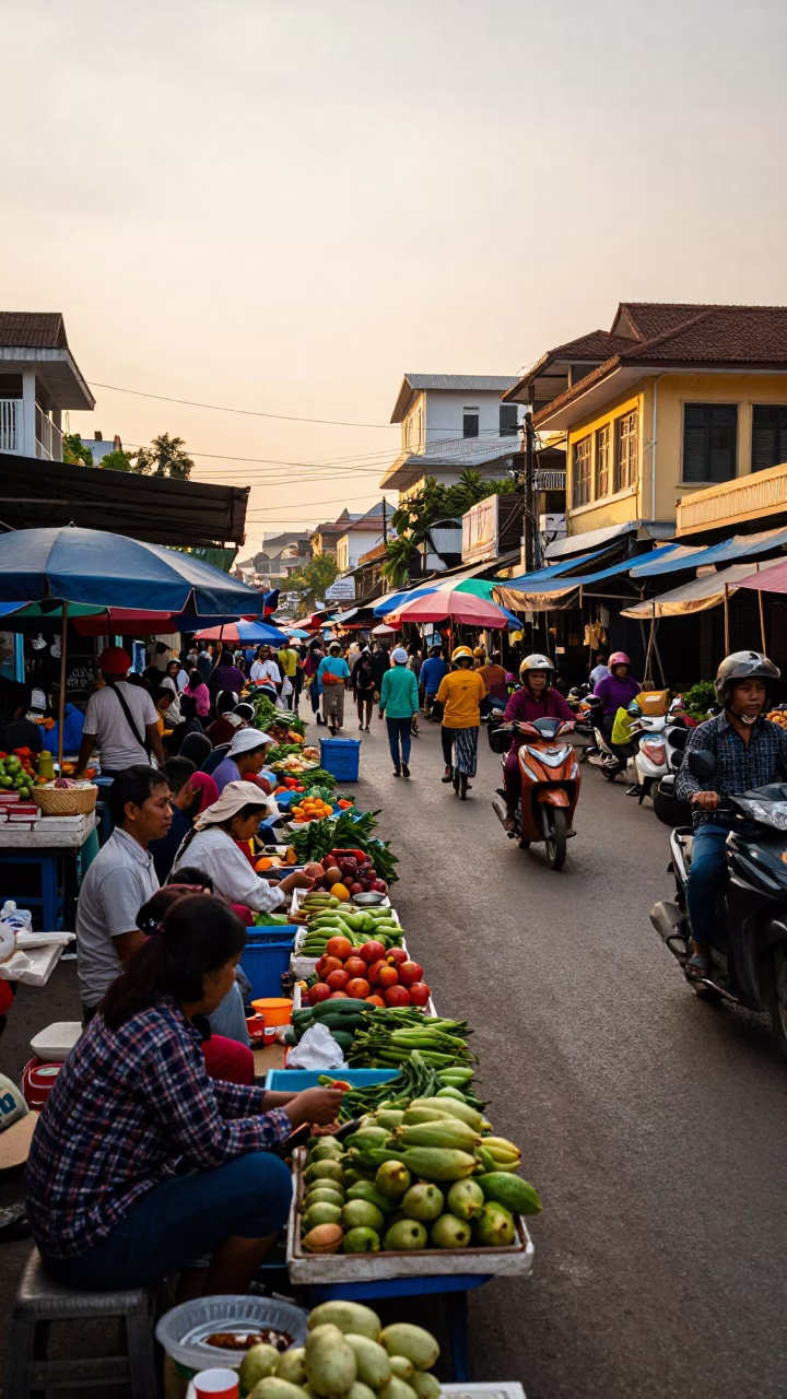 Busy Phnom Penh Street Scene Golden Hour with Traditional Market Activity and Local Vendors in in Phnom Penh, Cambodia
