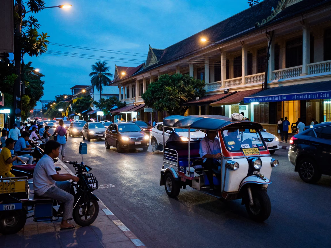 Busy Phnom Penh Street Scene in Blue Evening Light with Tuk-Tuk and Umbrellas in in Phnom Penh, Cambodia