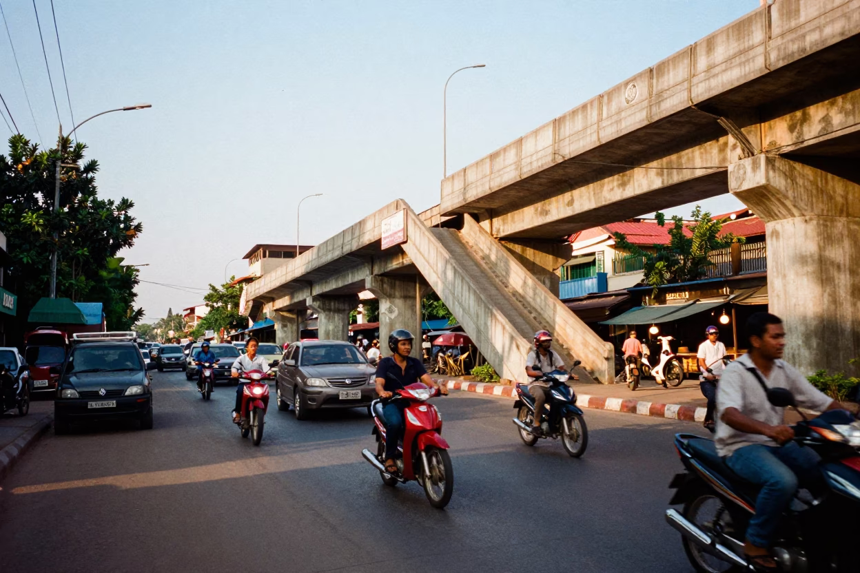 Busy Phnom Penh Street Scene Late Afternoon Light with Local Interactions in in Phnom Penh, Cambodia