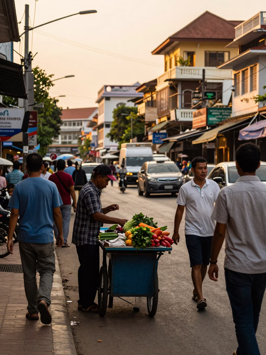 Busy Phnom Penh Street Scene Late Afternoon with Local Vendor and Pedestrians in in Phnom Penh, Cambodia