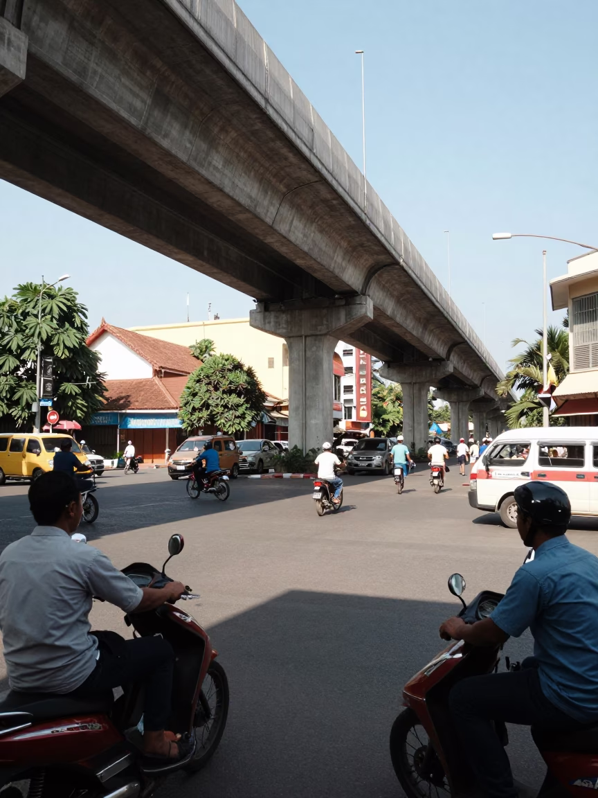 Busy Phnom Penh Street Scene Under Flat Noon Light with Traffic Shadows in in Phnom Penh, Cambodia