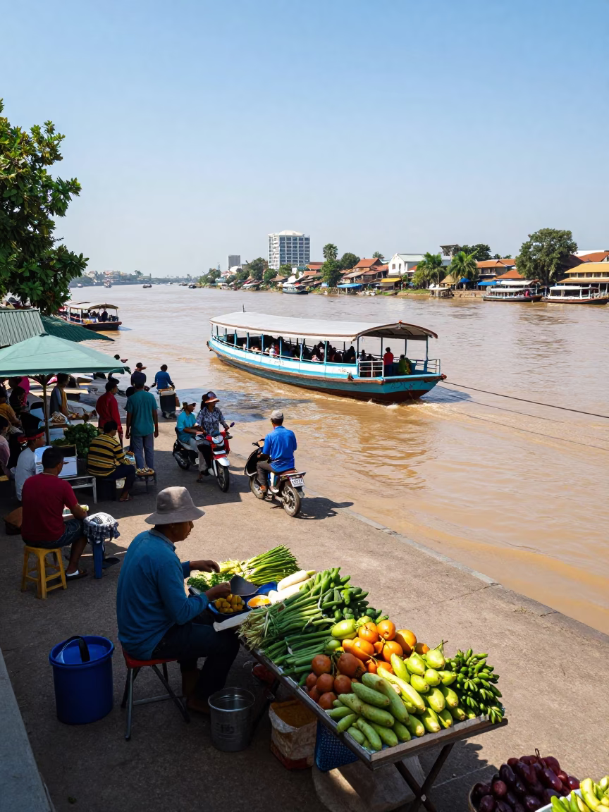 Busy Phnom Penh Street Scene with Chain Ferry and Local Commerce at Midday in in Phnom Penh, Cambodia