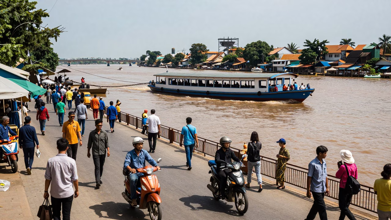 Busy Phnom Penh Street Scene with Chain Ferry Crossing Tonle Sap River at Midday in in Phnom Penh, Cambodia