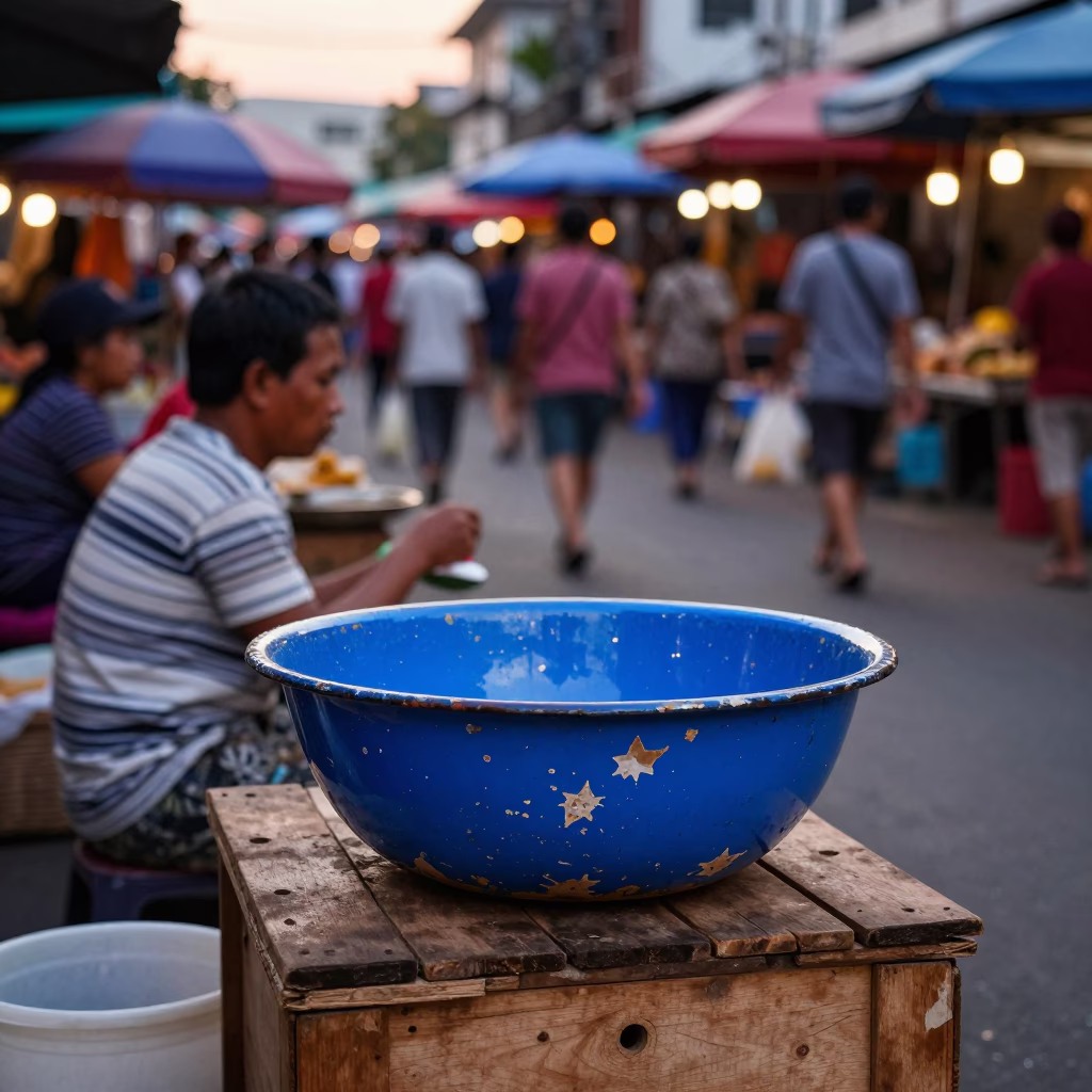 Busy Phnom Penh Street Scene with Chipped Blue Enamel and Local Market Activity in in Phnom Penh, Cambodia