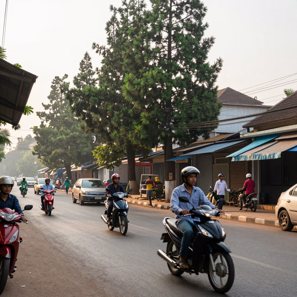 Busy Phnom Penh Street Scene with Cypress Trees and Morning Commuters in in Phnom Penh, Cambodia