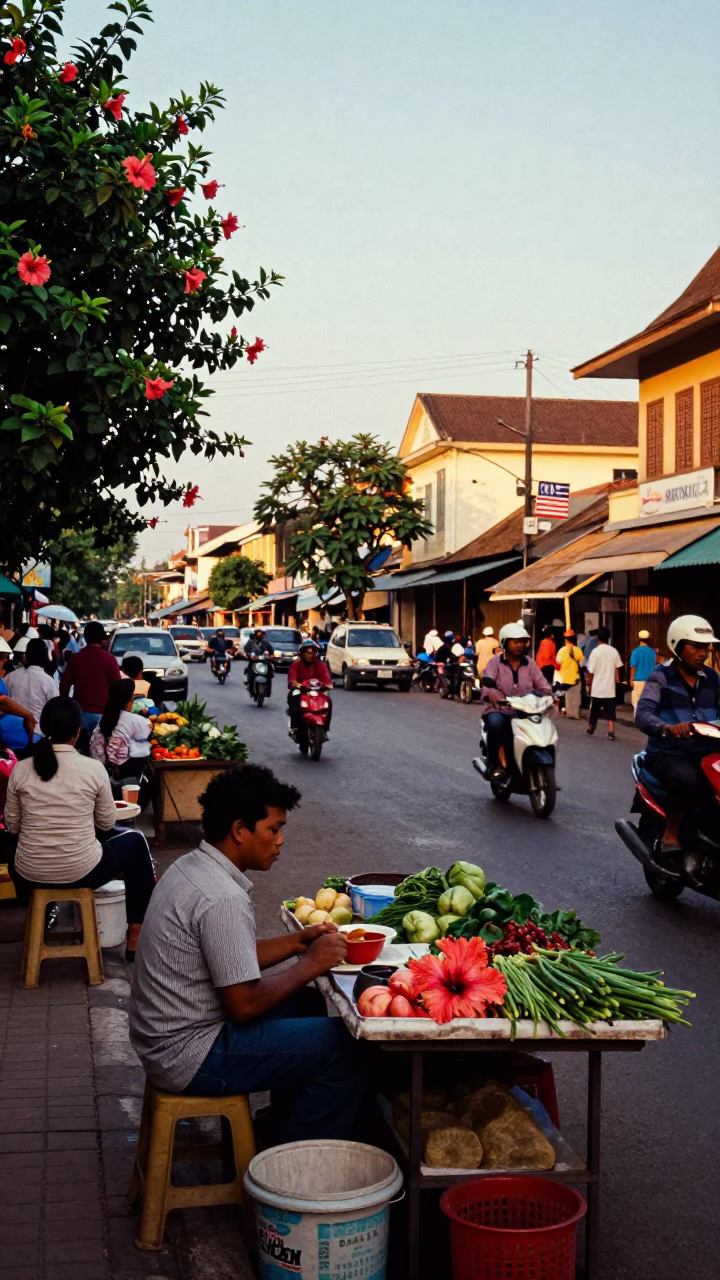 Busy Phnom Penh Street Scene with Hibiscus Flower in Honeyed Evening Light in in Phnom Penh, Cambodia