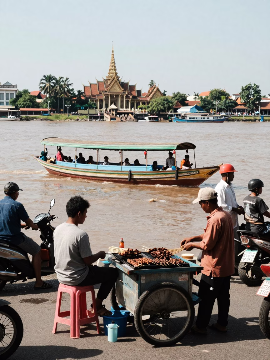 Busy Phnom Penh Street Scene with Junk Boat on Mekong River at Noon in in Phnom Penh, Cambodia