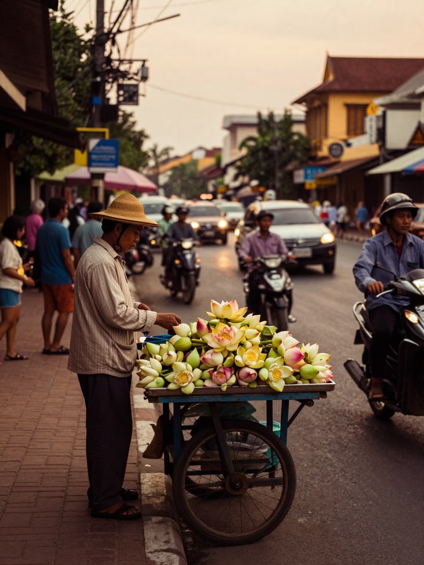 Busy Phnom Penh Street Scene with Lotus Flowers in Honeyed Evening Light in in Phnom Penh, Cambodia