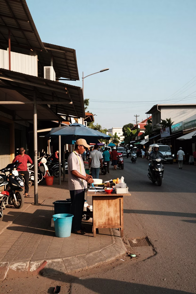 Busy Phnom Penh Street Scene with Measuring Tapes in Late Afternoon Light in in Phnom Penh, Cambodia
