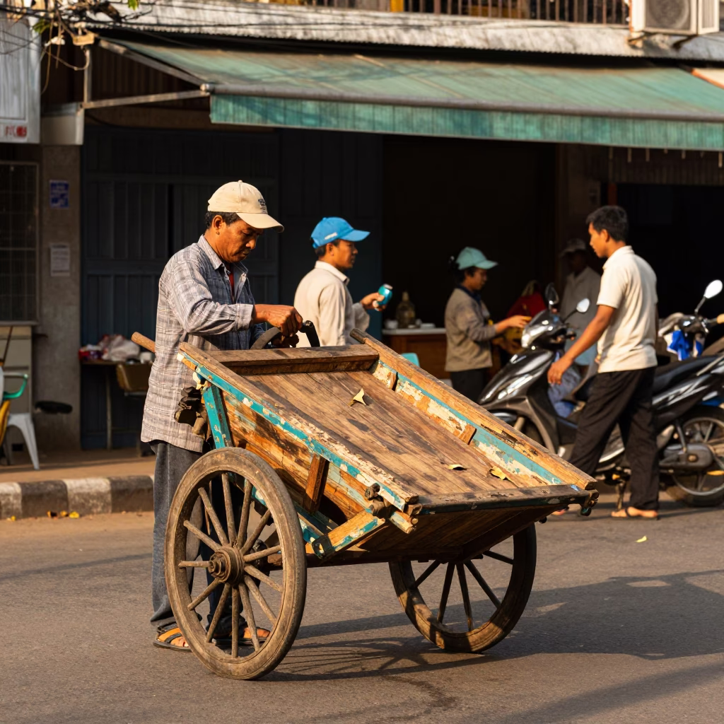 Busy Phnom Penh Street Scene With Scuffed Wood And Leaf Shadows in in Phnom Penh, Cambodia