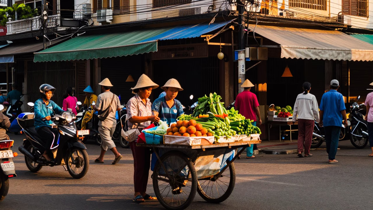 Busy Phnom Penh street scene with sink strainer in honeyed evening light in in Phnom Penh, Cambodia