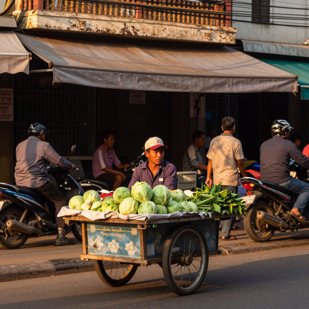 Busy Phnom Penh Street Scene with Tin Box and Fig Tree in Evening Light in in Phnom Penh, Cambodia