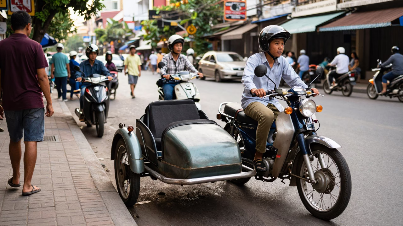 Busy Phnom Penh Street Scene with Vintage Motorcycle Sidecar and Bougainvillea Wall in in Phnom Penh, Cambodia
