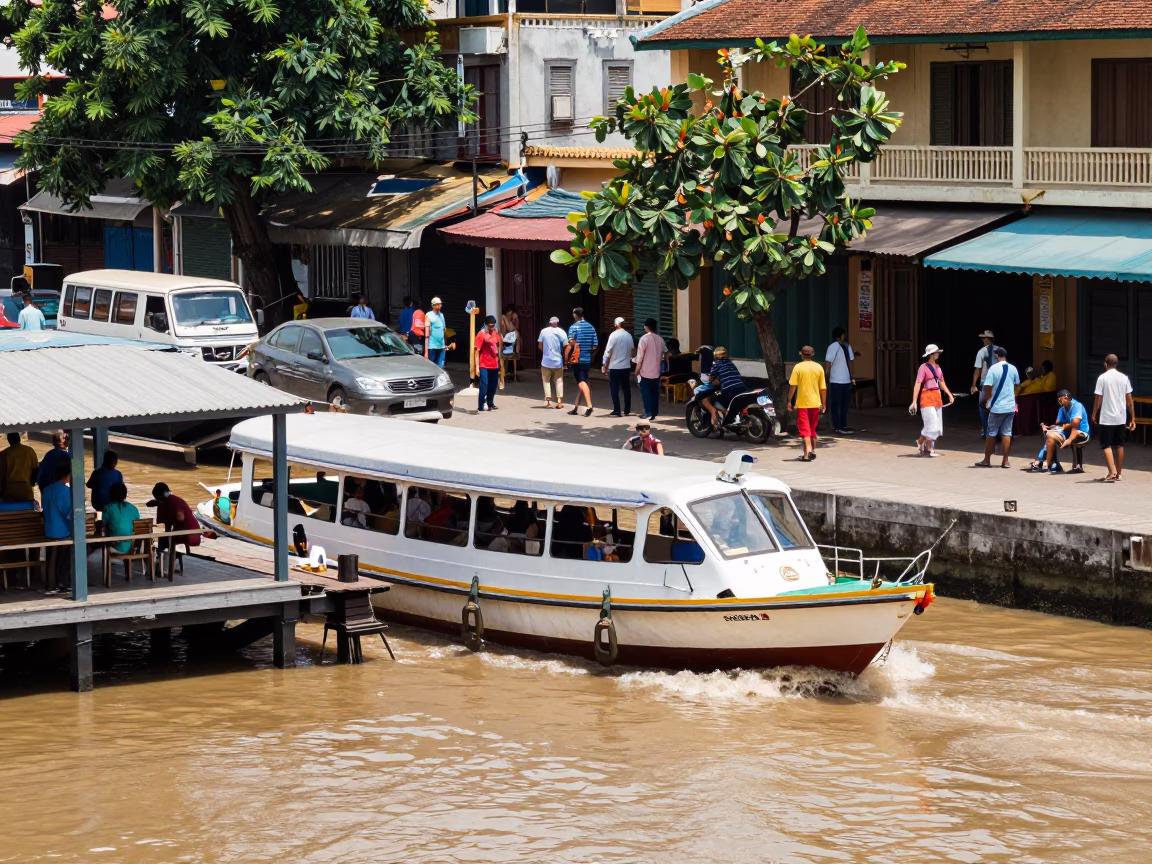 Busy Phnom Penh Street Scene with Water Taxi and Urban Infrastructure in in Phnom Penh, Cambodia