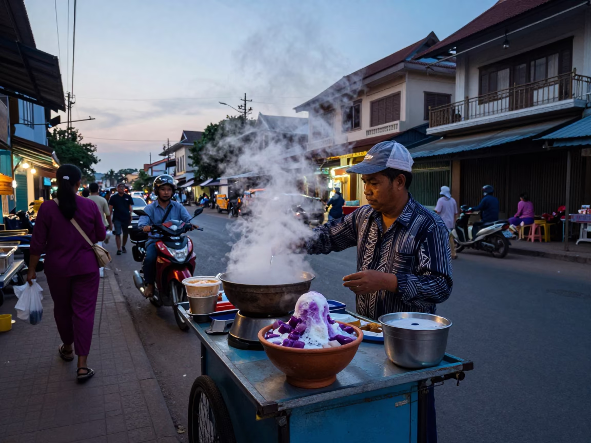 Busy Phnom Penh Street Vendor at Nautical Dawn with Traditional Cambodian Breakfast in in Phnom Penh, Cambodia