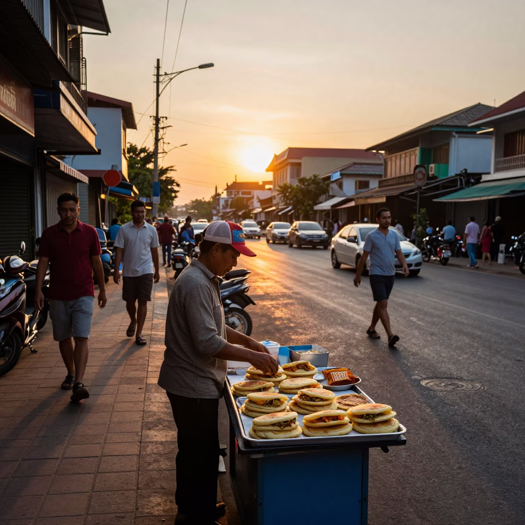 Busy Phnom Penh Street Vendor at Sunset Selling Arepas and Local Snacks in in Phnom Penh, Cambodia