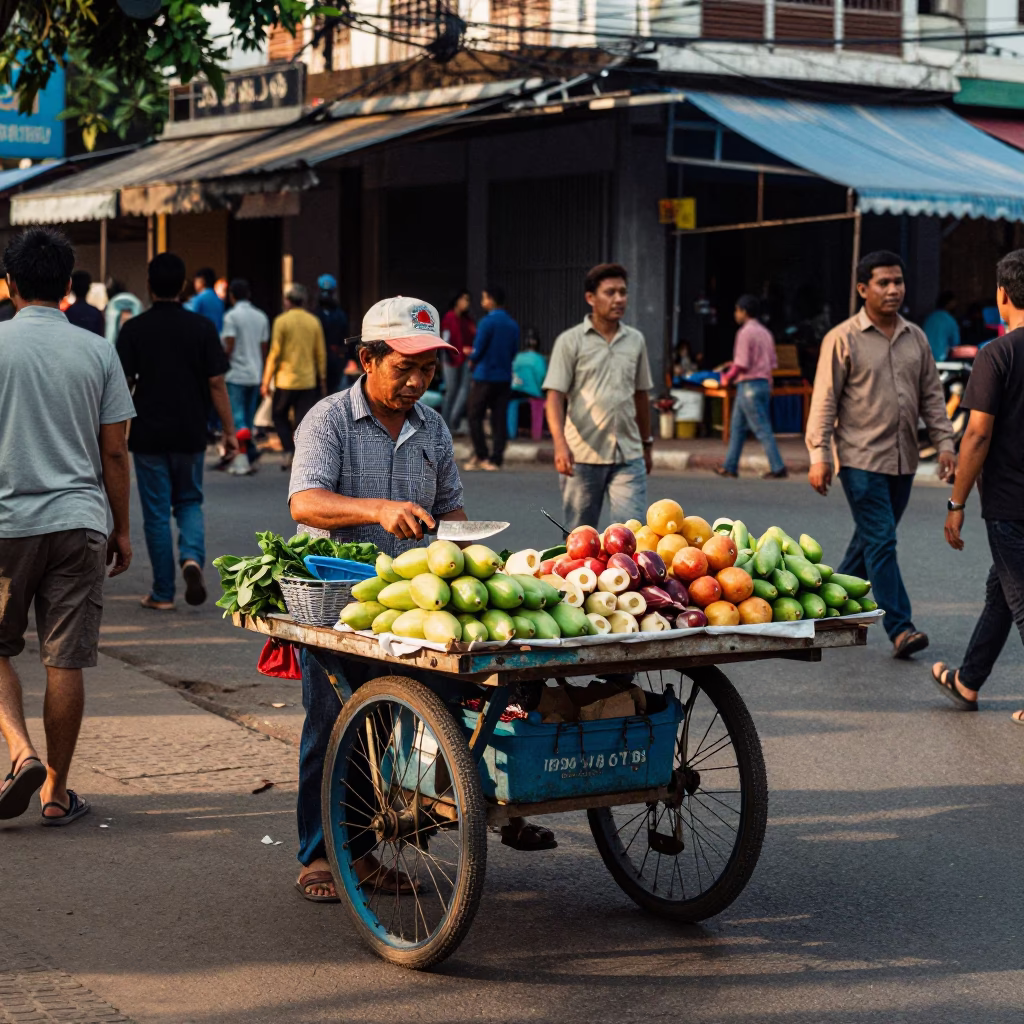 Busy Phnom Penh Street Vendor Late Afternoon Fruit Knife and Camellia in in Phnom Penh, Cambodia