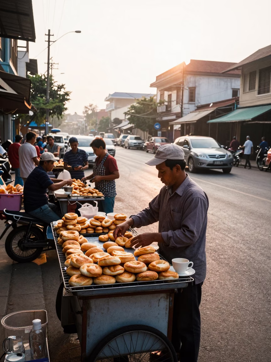 Busy Phnom Penh Street Vendor Selling Pastries and Coffee After Sunrise in Cambodia in in Phnom Penh, Cambodia
