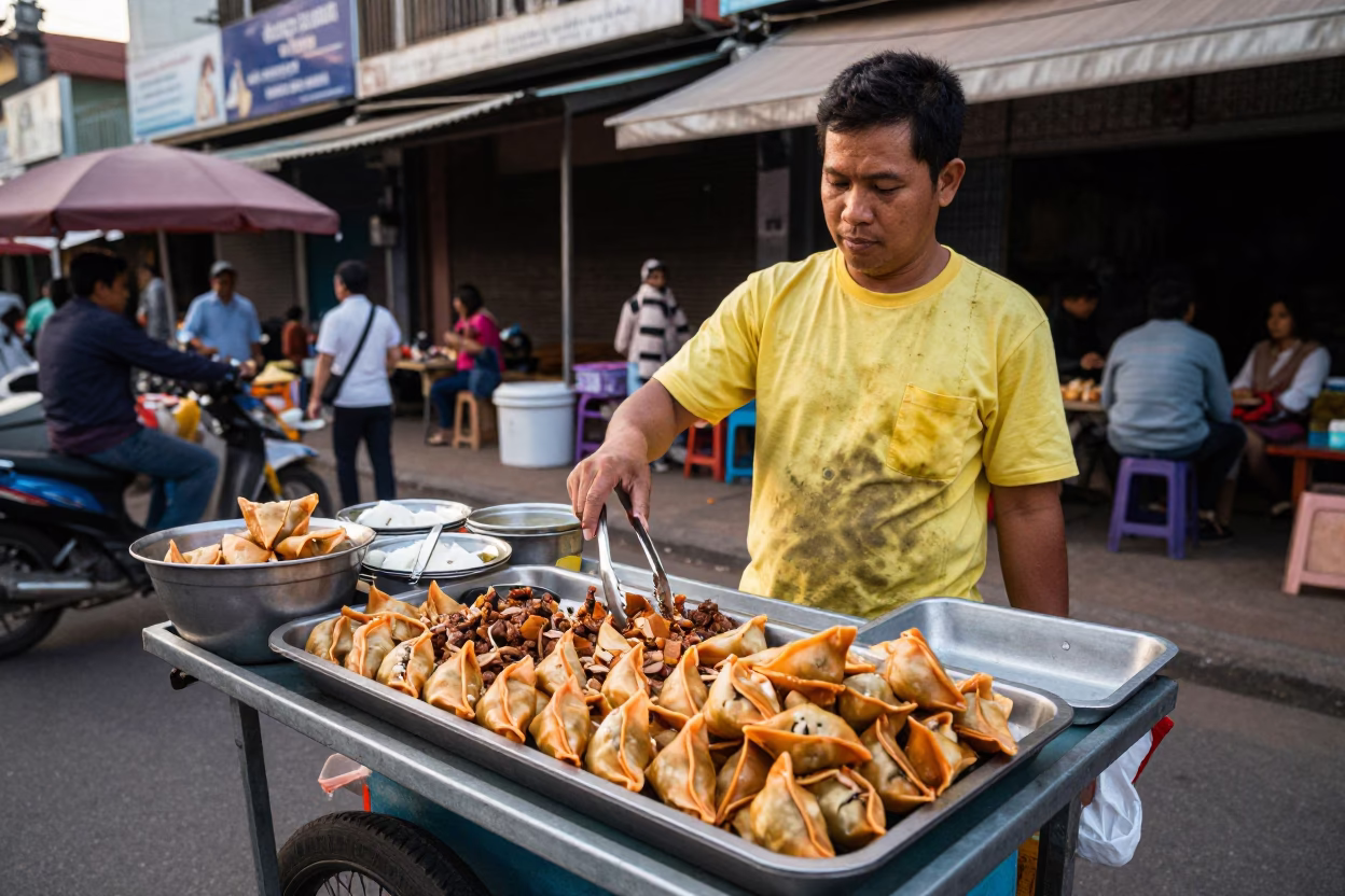 Busy Phnom Penh Street Vendor Serving Spiced Meat Sambusa at First Light in in Phnom Penh, Cambodia