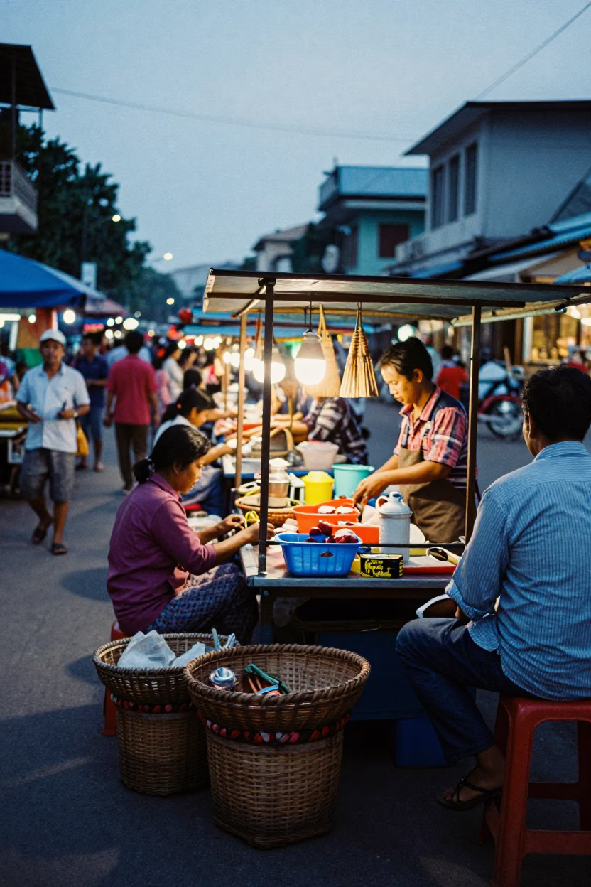 Busy Phnom Penh street vendor stall with woven baskets of fresh bread before sunrise in in Phnom Penh, Cambodia