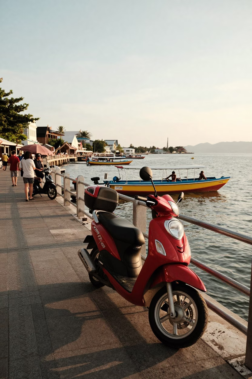 Busy Phuket Harbor Promenade at Golden Hour with Scooter and Longtail Boat in in Phuket, Thailand