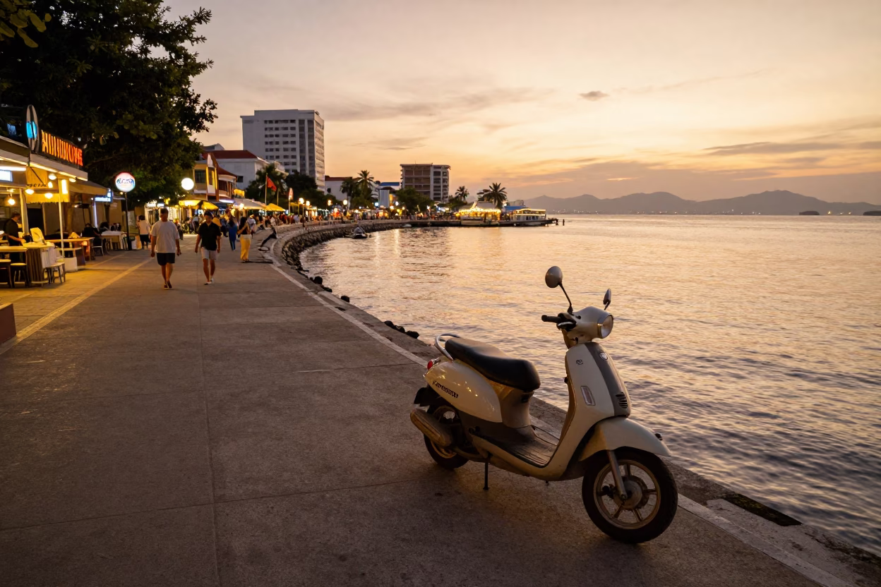 Busy Phuket Harbor Promenade at Sunset with Scooter and Ferry Piling System in in Phuket, Thailand