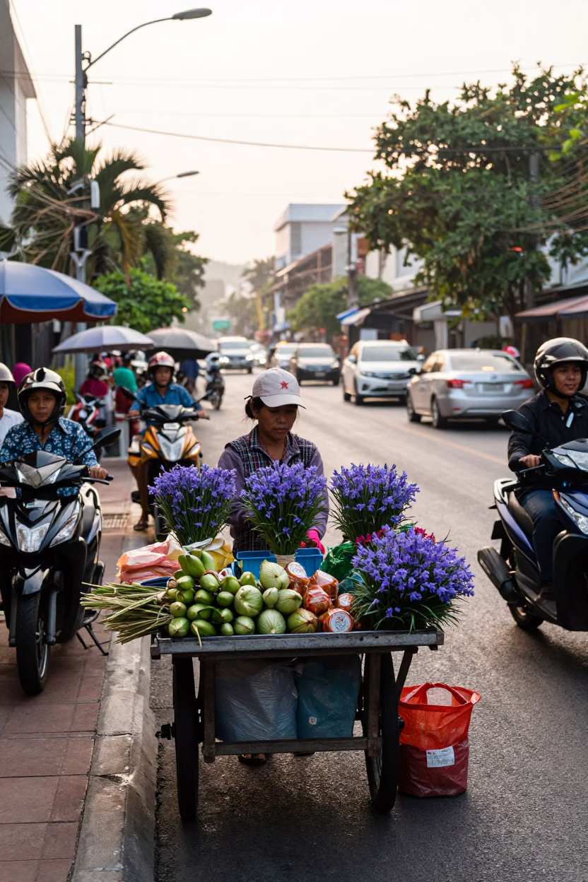 Busy Phuket Morning Street Scene with Vendor and Bluebell Bouquet in in Phuket, Thailand