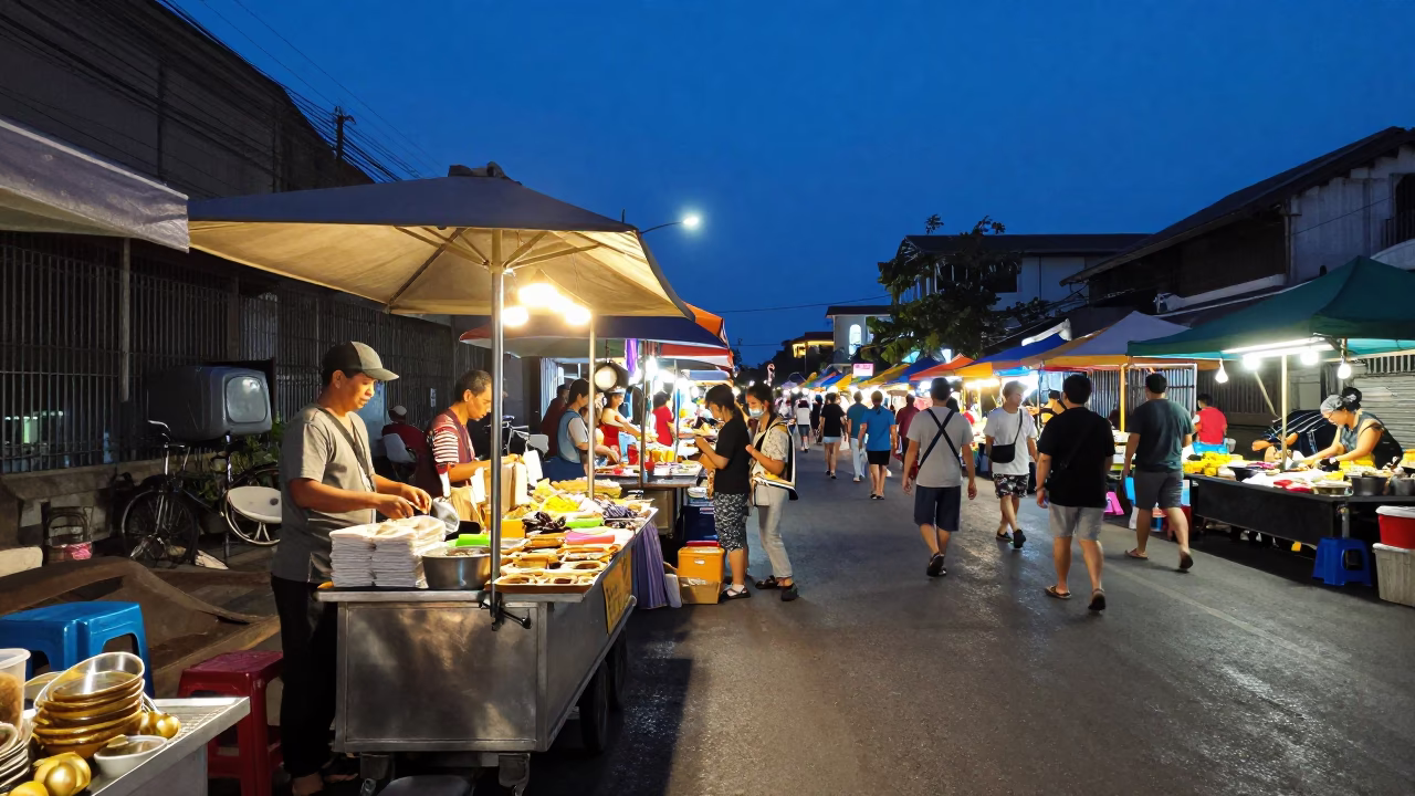 Busy Phuket Night Market Street Scene at Blue Hour with Local Vendors and Motorbikes in in Phuket, Thailand
