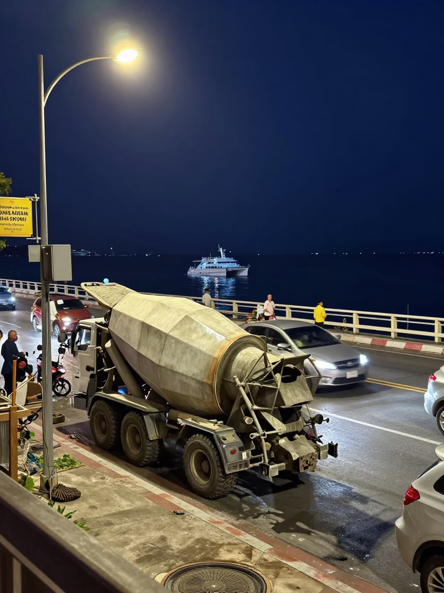 Busy Phuket Night Street Scene with Cement Mixer and Catamaran in Background in in Phuket, Thailand