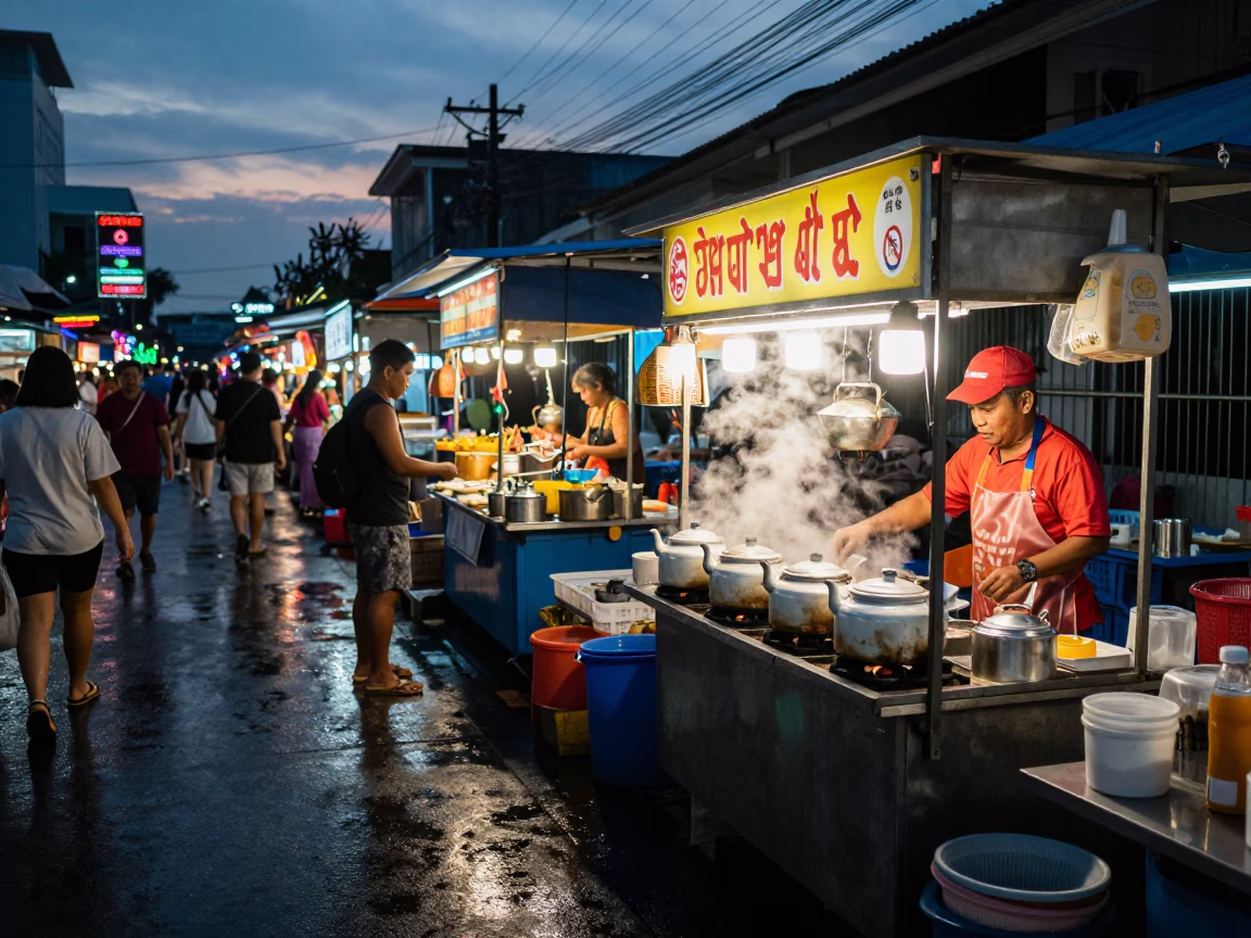 Busy Phuket Street Food Stall at Dusk with Ceramic Tiles and Tea Kettles in in Phuket, Thailand