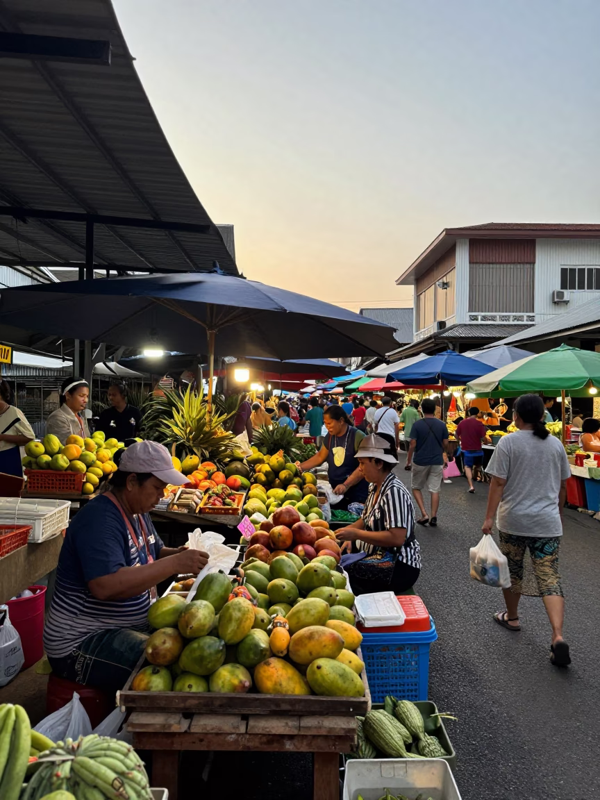 Busy Phuket Street Market at Dawn with Local Vendors and Colorful Goods in in Phuket, Thailand