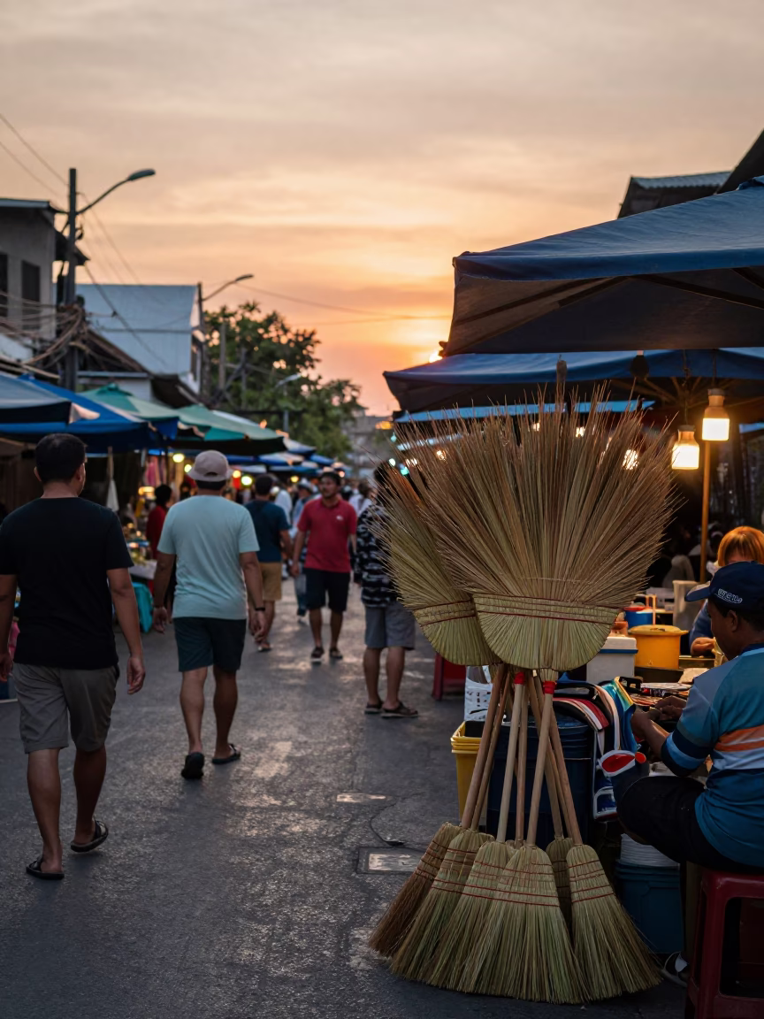 Busy Phuket Street Market at Sunset with Brooms and Suitcases in in Phuket, Thailand
