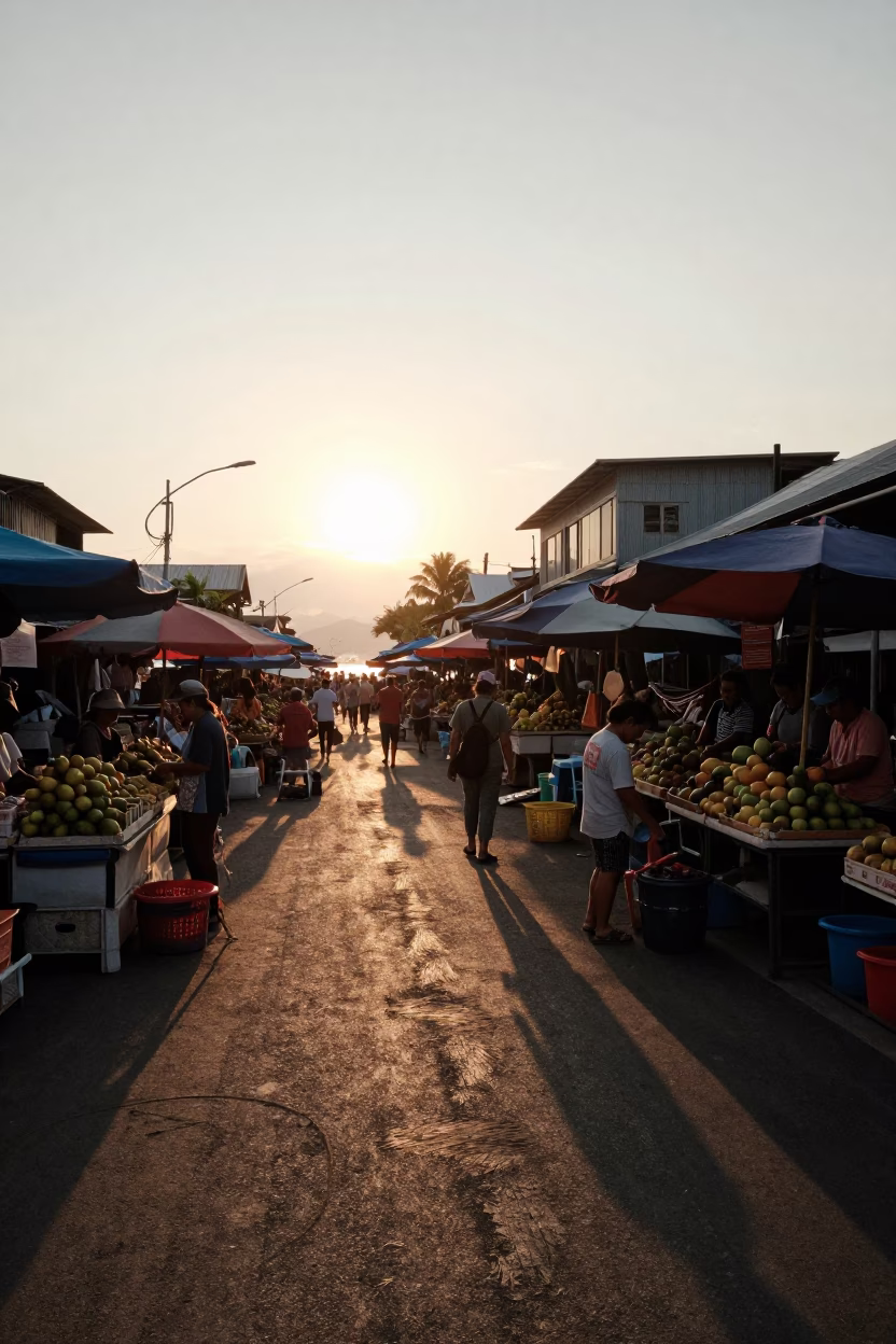 Busy Phuket Street Market at Sunset with Wicker Shadows and Local Commerce in in Phuket, Thailand