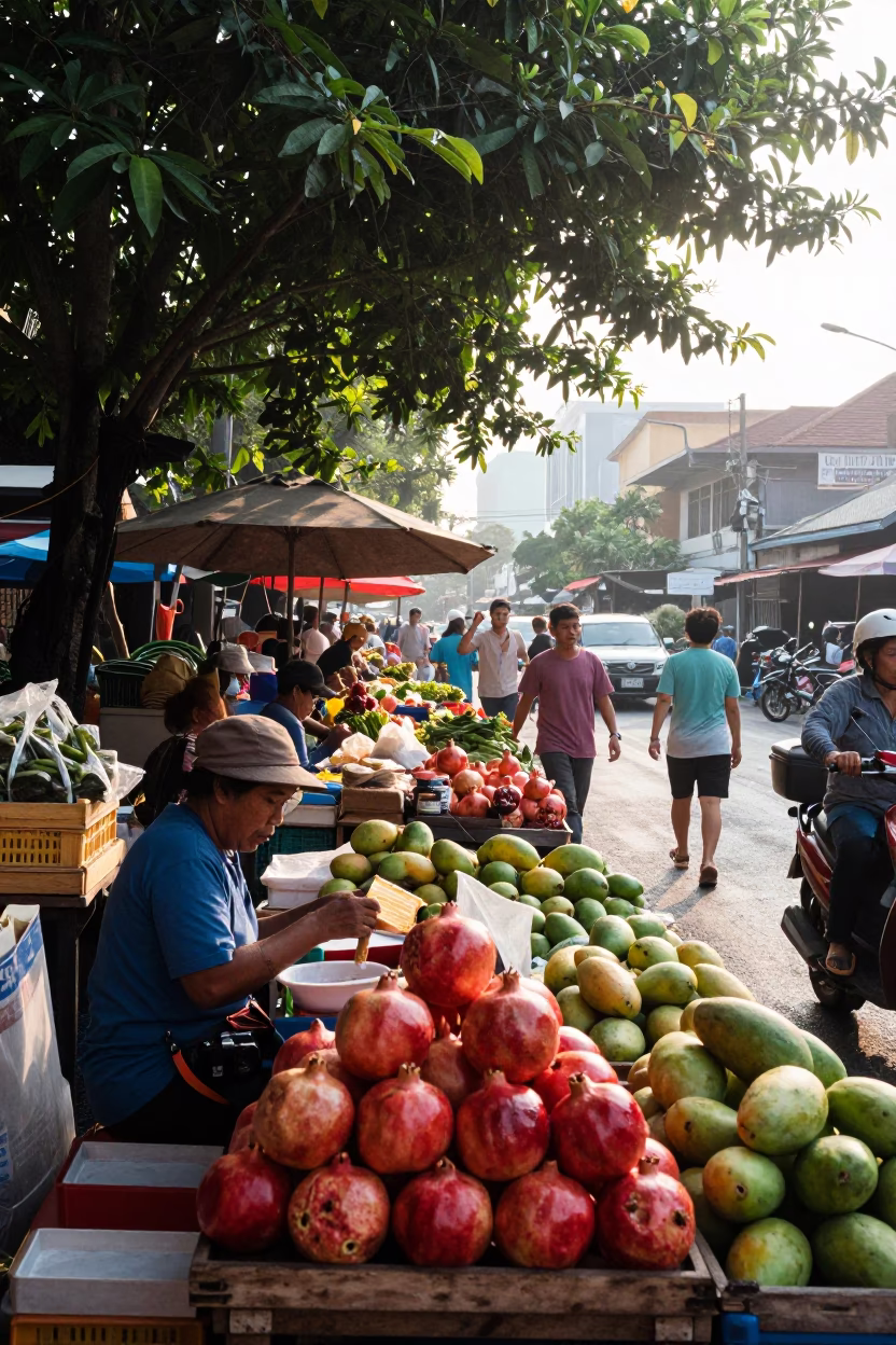 Busy Phuket Street Market Morning with Pomegranates and Local Commerce in in Phuket, Thailand