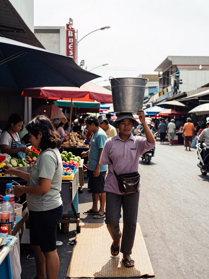 Busy Phuket Street Market Under Flat Noon Glare with Metal Bucket and Glass Pitcher in in Phuket, Thailand