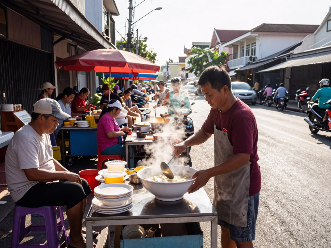 Busy Phuket Street Morning with Local Food Vendor and Traditional Thai Architecture in in Phuket, Thailand