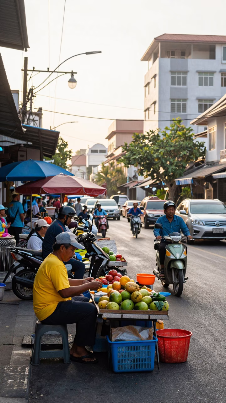 Busy Phuket Street Scene After Sunrise with Local Vendors and Vintage Details in in Phuket, Thailand