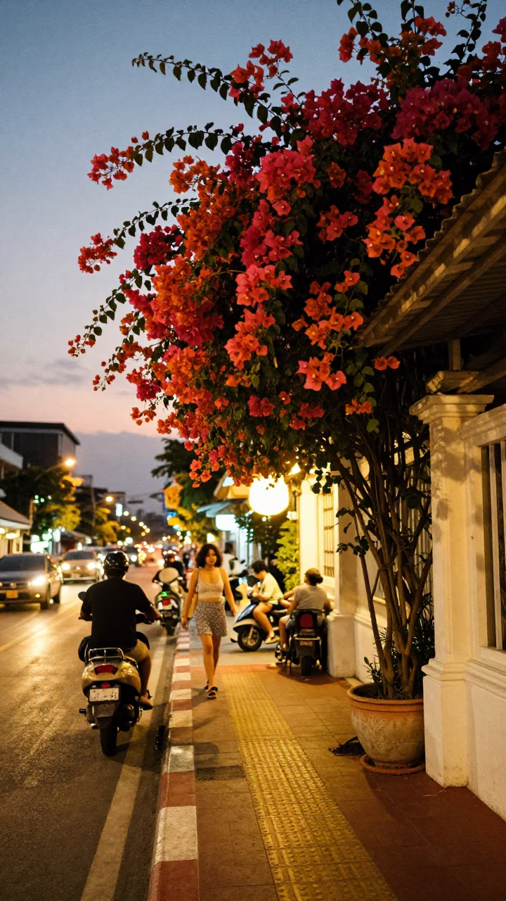 Busy Phuket Street Scene at Dusk with Bougainvillea and Vintage 1970s Atmosphere in in Phuket, Thailand