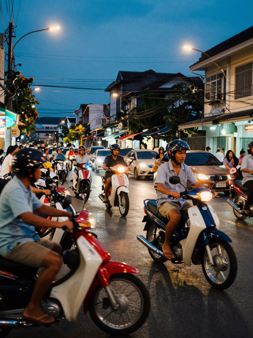 Busy Phuket street scene at dusk with vintage motorbikes and local vendors in in Phuket, Thailand