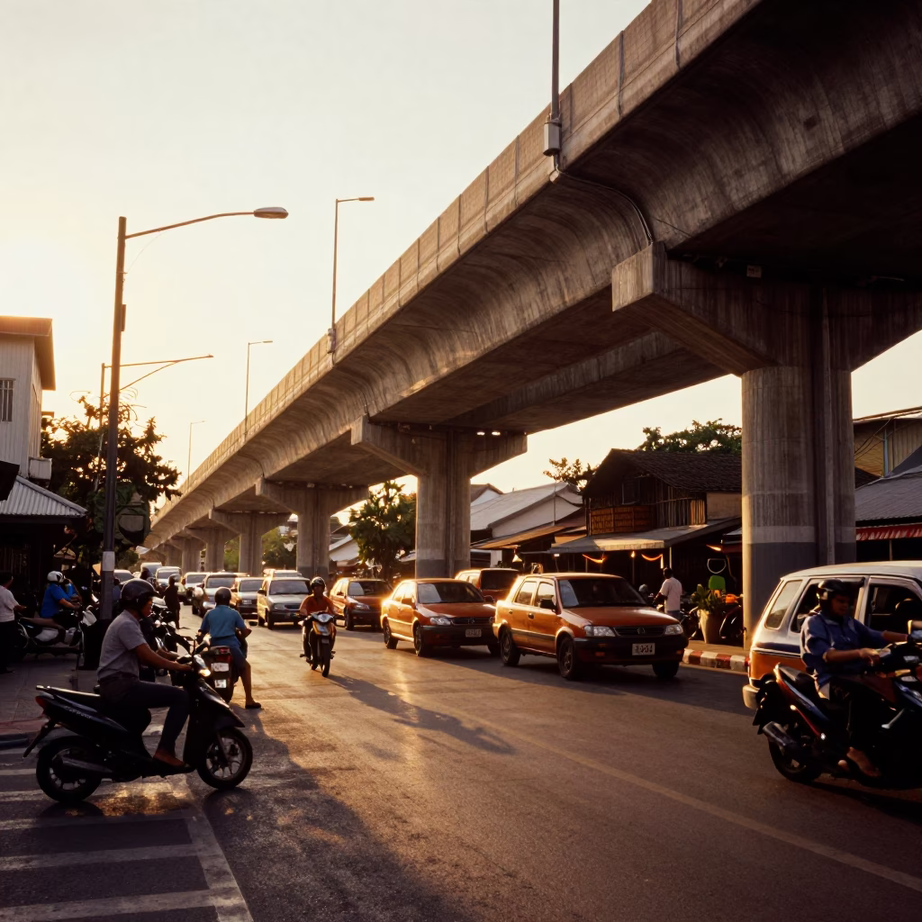Busy Phuket Street Scene at Golden Hour with Highway Flyover and Local Market Activity in in Phuket, Thailand