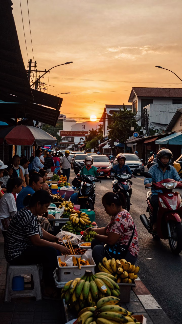Busy Phuket Street Scene at Sunset with Bananas and Local Market Activity in in Phuket, Thailand