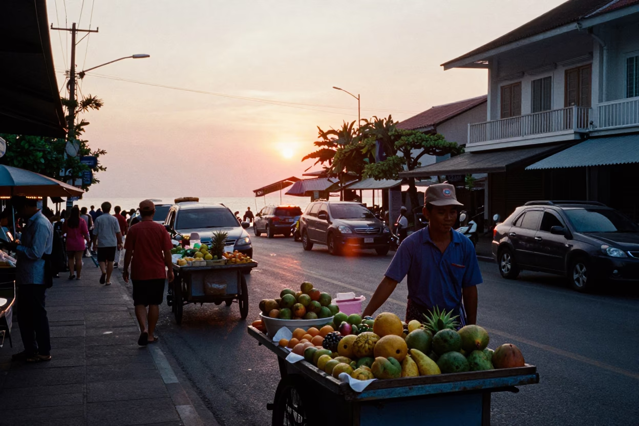 Busy Phuket Street Scene at Sunset with Local Vendors and Tourists in in Phuket, Thailand