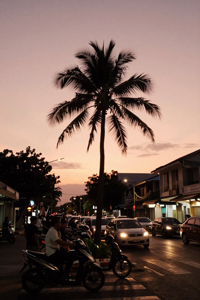 Busy Phuket Street Scene Before Dusk with Palm Trees and Local Vendors in in Phuket, Thailand