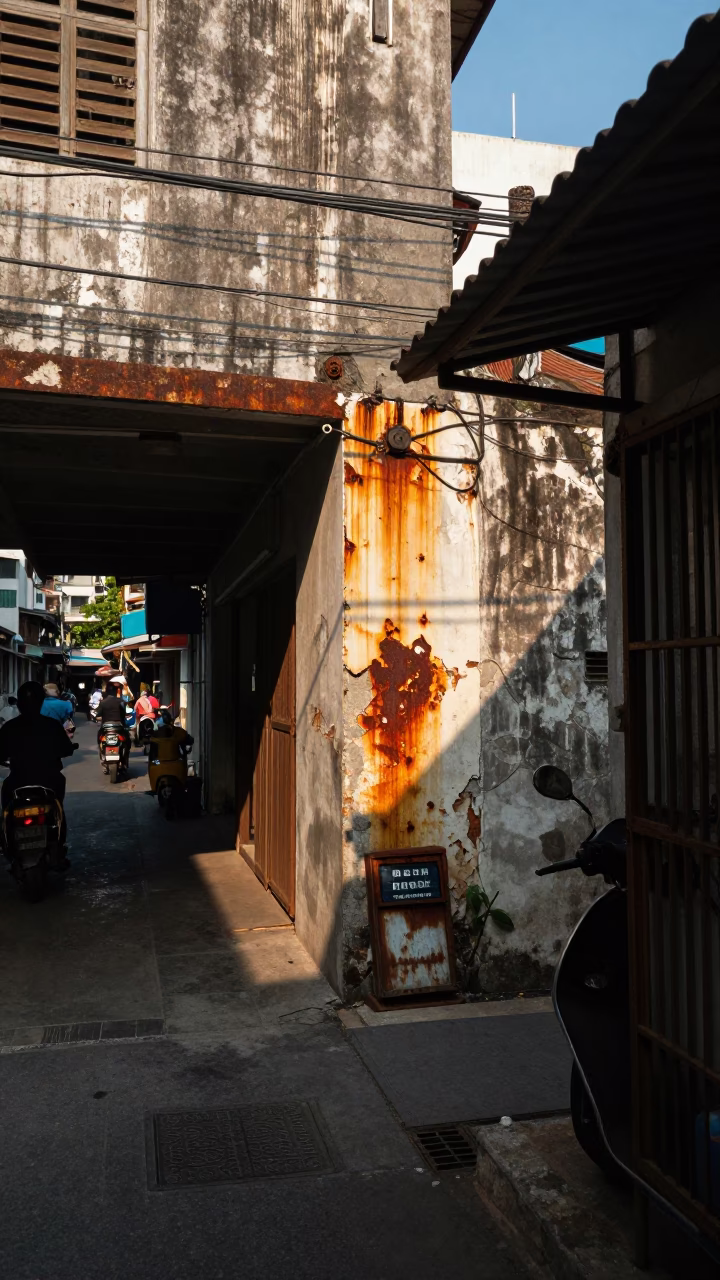 Busy Phuket Street Scene Early Afternoon with Rusty Metal and Geraniums in Thailand in in Phuket, Thailand