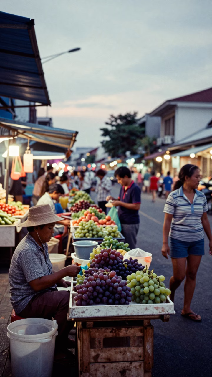 Busy Phuket Street Scene Early Evening with Grapes and Local Life in in Phuket, Thailand