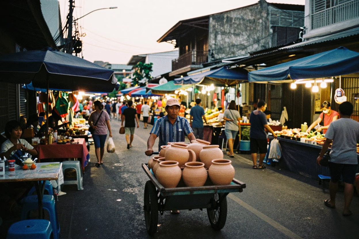 Busy Phuket Street Scene Early Evening with Local Market Activity and Traditional Elements in in Phuket, Thailand