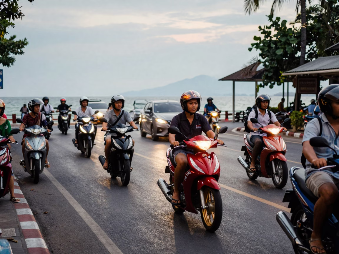 Busy Phuket Street Scene Early Evening with Motorcycles and Street Food Vendors in in Phuket, Thailand
