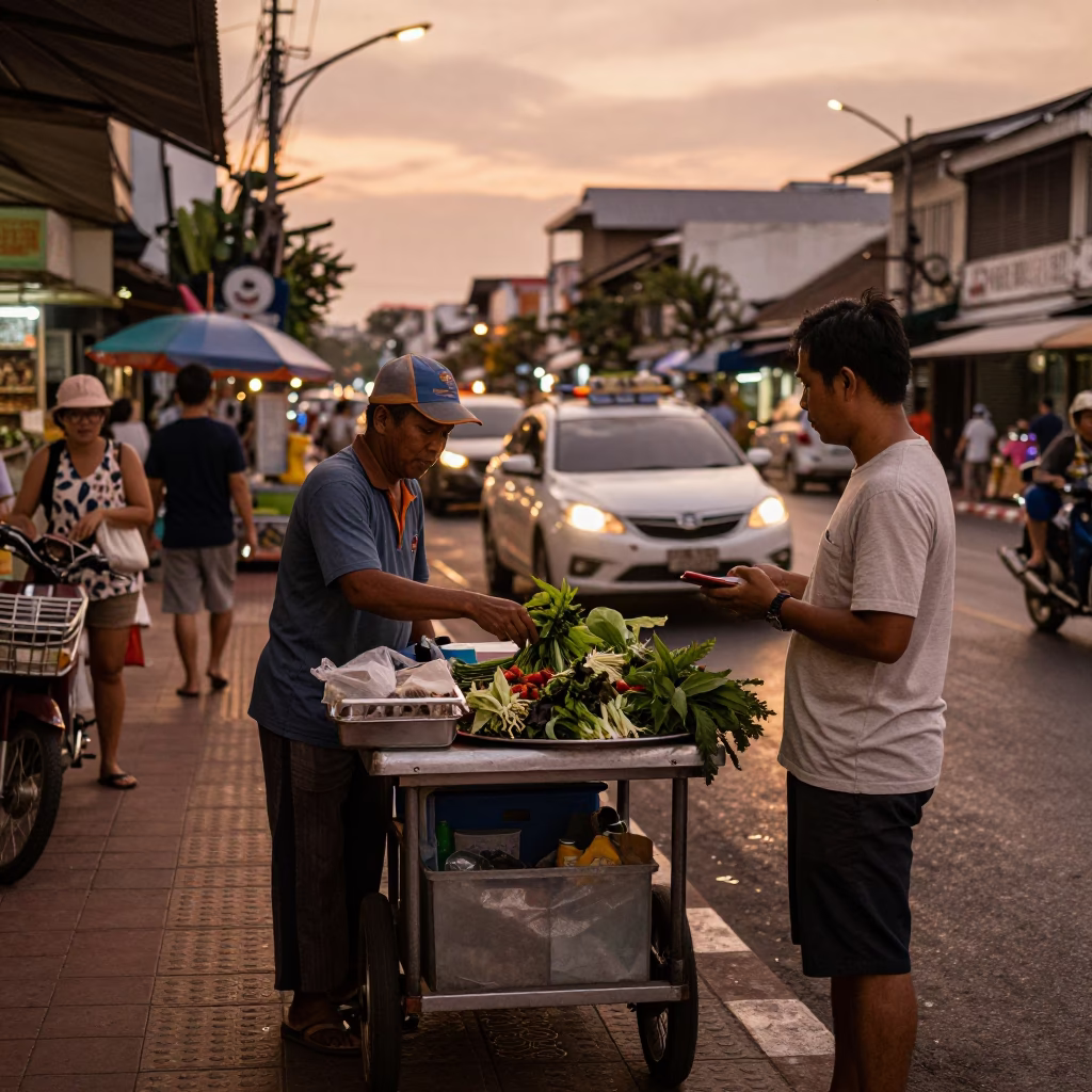 Busy Phuket street scene in copper-toned dusk light with local vendor and motorbikes in in Phuket, Thailand