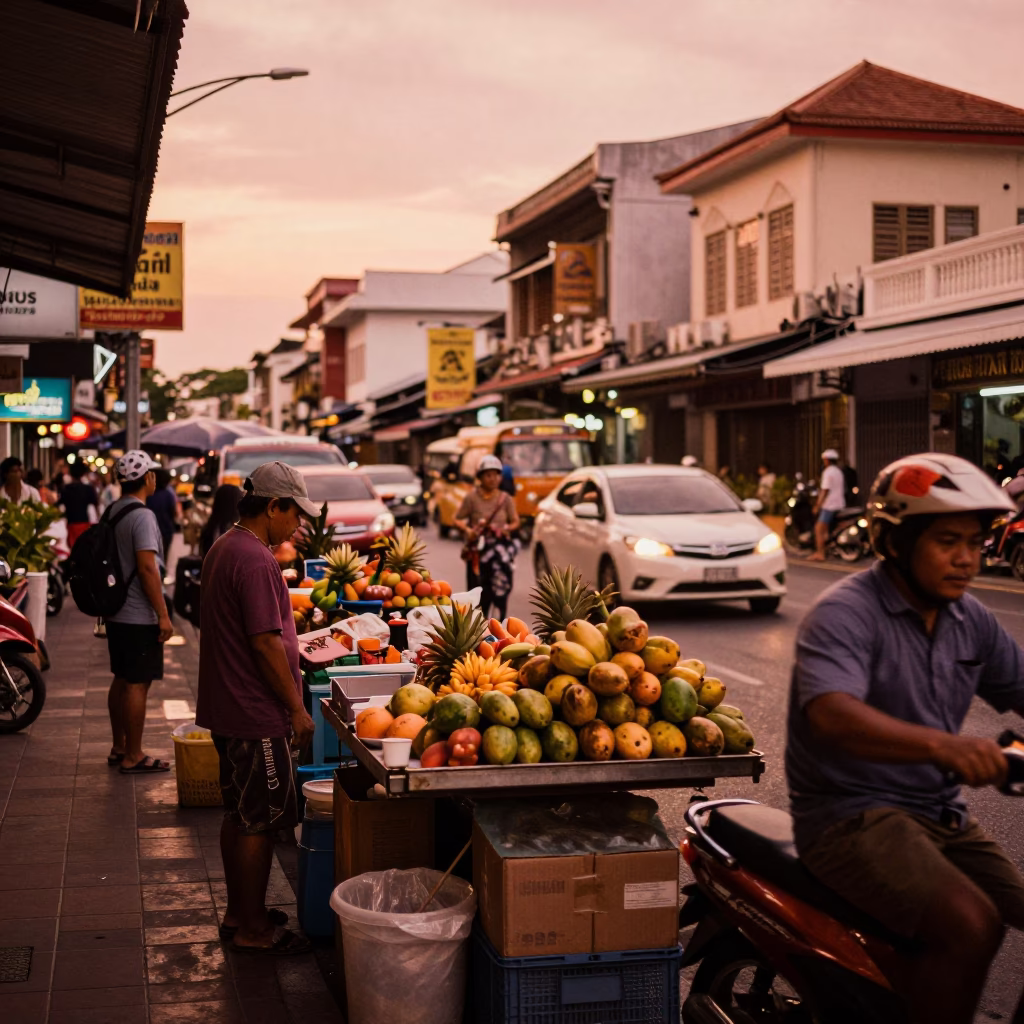 Busy Phuket Street Scene in Copper Toned Light Before Dusk with Local Market Activity in in Phuket, Thailand
