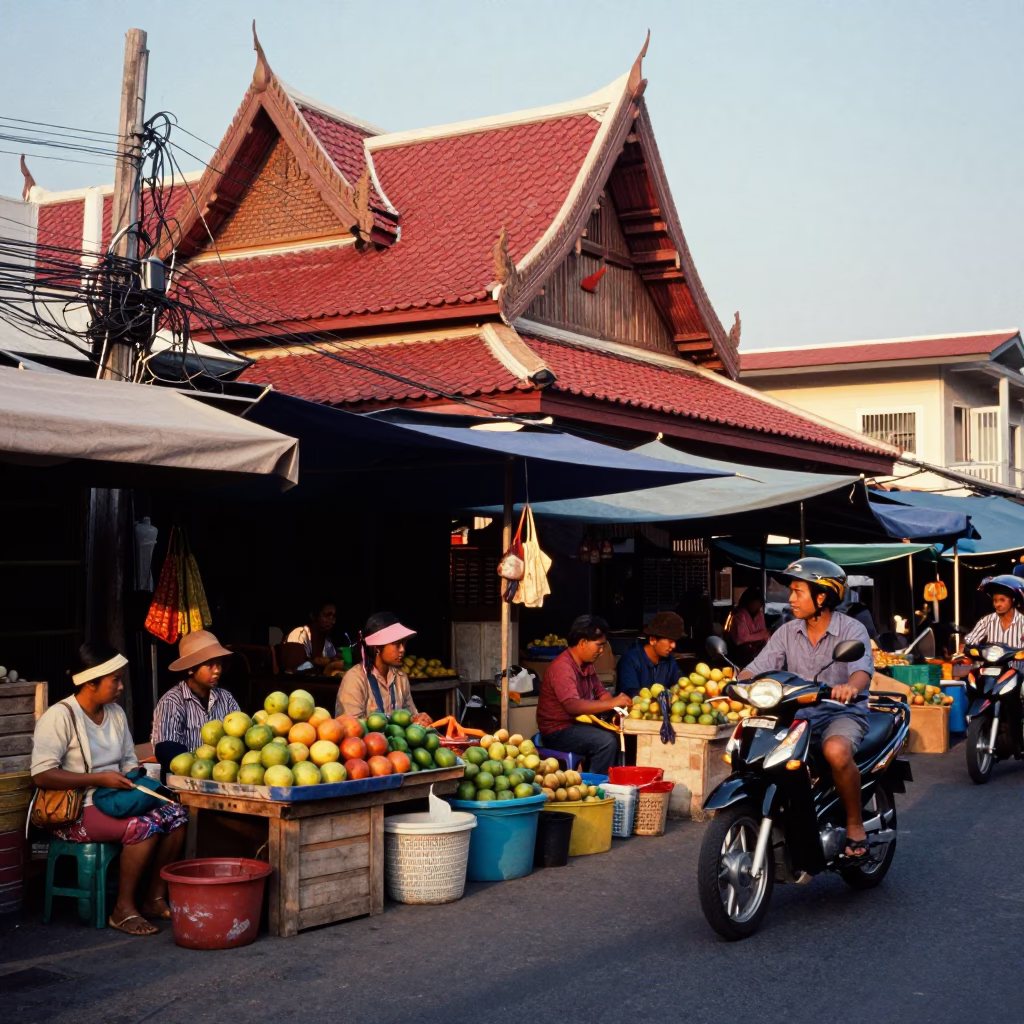 Busy Phuket Street Scene in Honeyed Evening Light with Local Interactions in in Phuket, Thailand